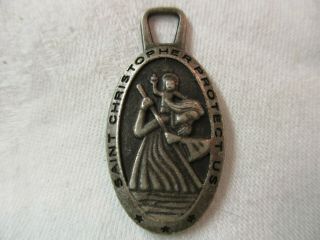 Vintage Silver Tone Medal Pendant St Christopher Protect Us