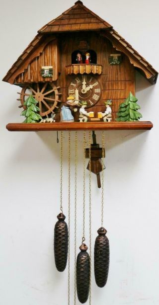 Rare Vintage Carved Black Forest 3 Weight Musical Automaton Cuckoo Wall Clock 3
