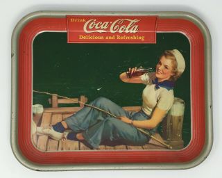 Coca - Cola Serving Tray - Vintage 1940s - Girl Fishing On Dock
