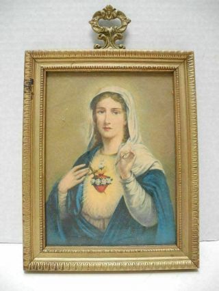 Vintage Gold Tone Solid Wood Framed 6 " X 8  Virgin Mary " Print In Picture Frame