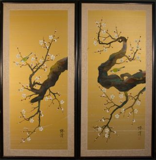 Vintage Large Chinese Paintings On Gold Silk Signed Mid Century