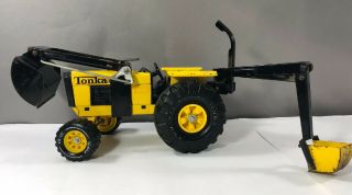 Vtg Tonka Pressed Steel Yellow Farm Tractor Xmb - 975 W/ Frontend Loader & Backhoe