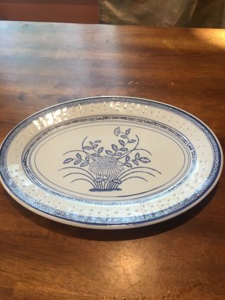 Vintage Chinese Rice Eyes Blue And White Porcelain Flower Pattern 14 " Platter Ec