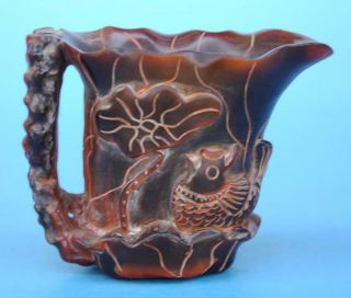 Old Chinese Hand - Carved Fish Lotus Leaf Horn Carving Cup D02