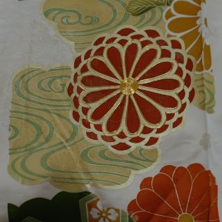 Japanese Vintage Kimono Silk Fabric Rinsu " Chrysanthemum And Clouds " E