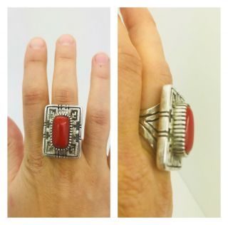 Spectacular Toney Mitchell Vintage Navajo Sterling Silver Coral Ring Size 8