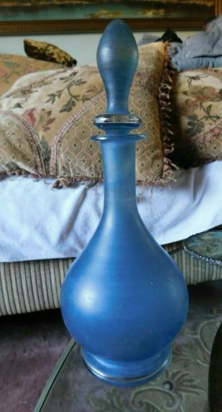 Art Deco Antique Hand Blown Blue Glass Perfume Bottle W/ Stopper 8 1/2 " By 3 "