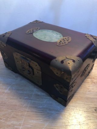 Vintage Chinese Jewellery Box Oriental Wood With Brass And Jade Design Red Silk