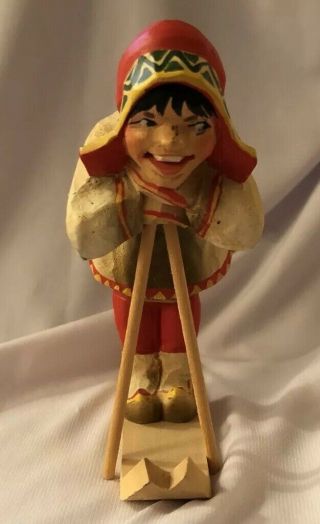 Vintage Hand Carved Wood Figurine Traditional Dress Skiing,  Norway - Henning