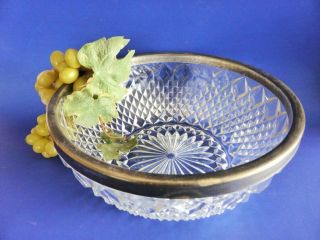 Antique Glass Bowl,  Silver Plated Rim,  Diamond Pattern,  Depression Glass