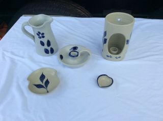 5 Vintage Williamsburg Pottery Stoneware Salt Glaze Blue Leaf