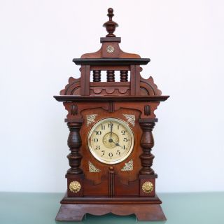 Antique German Junghans Musical Alarm Mantel Clock 1910s Castle Shape Restored