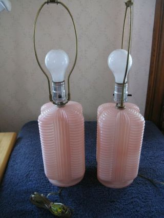 Two Antique/vtg 30s Art Deco Quatro Glass Lamps Frosted Pink Pair