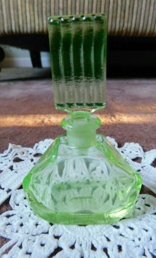 Vintage Clear Green Glass Perfume Bottle W/ Glass Dapper Stopper Art Deco