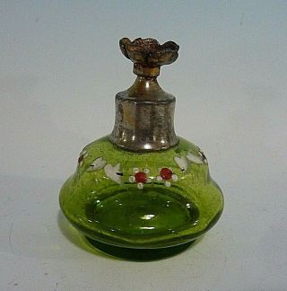 Antique Victorian Enameled Flowers Green Glass Squat Perfume Scent Bottle