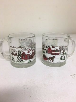 Vintage Clear Glass Christmas Coffee Tea Mugs - Made In Usa Set Of 2