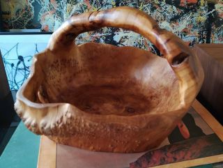 Signed Burl Wood Basket Hand Carved 11 " Tree Trunk Knot With Handle