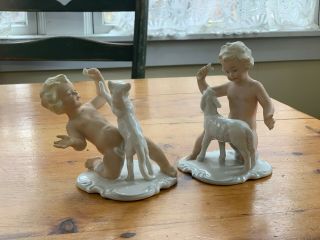 Vintage Schaubach Kunst Porcelain Nude Boys Cherubs Playing W Cat Lamb Germany