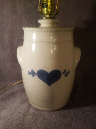 Vintage Stoneware Jug Crock Cobalt Blue Heart Country Lamp Base Is 10 1/2 " Tall