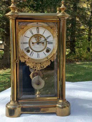 Antique Ansonia Clock Co Gilded Brass Regulator Clock Open Escapement
