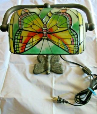 Vintage Stained Glass Butterfly Bankers Desk Lamp Multicolored Adjustable Shade