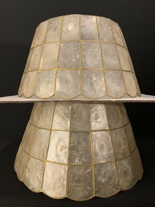 Set Of 2 Large Vintage Mid Century Modern Capiz Shell & Brass Lamp Shades