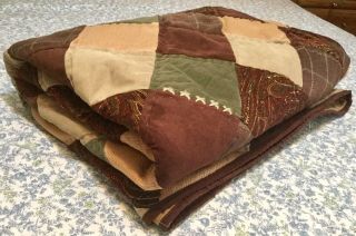Vintage Handmade Velvet Patchwork Quilt Brown,  Tan,  Olive Green Twin 67x86