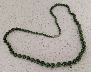 Vintage Green Jade Bead Necklace Hand Knotted 14k White Gold Clasp