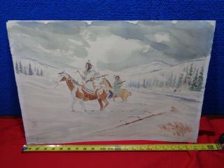 Vintage Signed Native American Art Drawing Blackfoot Hunters