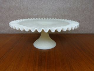 Vintage Fenton Hobnail White Milk Glass Footed Cake Stand Plate Ruffled Edge