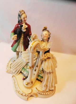 Vtg Dresden ? Victorian Lady And Man Playing Harp Stamped Germany