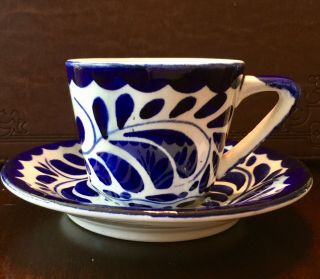 Vintage Mexican Anfora Blue & White Pottery Cup & Saucer