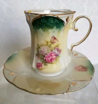 Antique R.  S.  Prussia Chocolate Cup & Saucer Set Roses And Gold Art Nouveau
