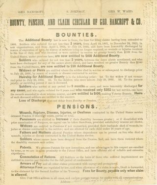 1870 Civil War Bounty,  Pension,  & Claim Circular Of Geo.  Bancroft & Co