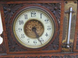 Victorian Combination Desk Clock,  Ornate Carved Oak Case Barometer,  Thermometer 2