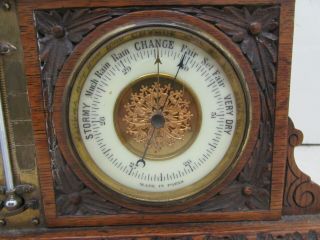 Victorian Combination Desk Clock,  Ornate Carved Oak Case Barometer,  Thermometer 3