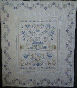 Sweet Country Cottage Vintage Embroidered Sampler Quilt Birds Flowers,  90x78 "
