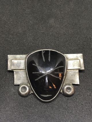 Vintage Large Sterling Silver Mexican Aztec Mayan Onyx Face Brooch.