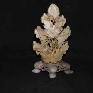 Vintage Chinese Soapstone Hand - Carved Flowers & Bird Statue 5 " T X 3 1/2 " W X 1 "