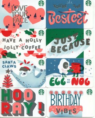 Complete Set Of 8 Newest 2019 Different Star Back Holiday Starbucks Card