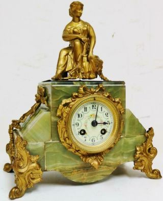 Antique French 8 Day Striking Gilt Metal & Green Onyx Lady Figure Mantel Clock