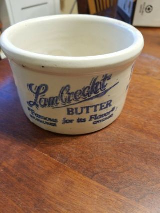 Vintage Lambrecht 1.  5 Lb Butter Crock Stoneware Milwaukee Chicago Advertising