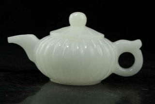Chinese Old Hand - Made Natural White Jade Pumpkin Teapot D02