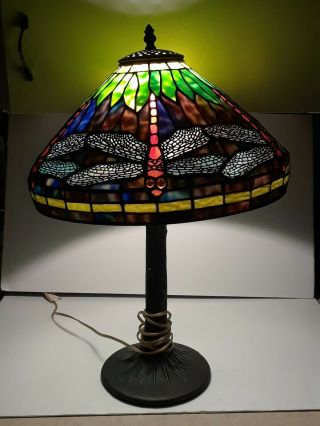 Vintage Large 24 " Tiffany Style Lamp Dragon Flys Stsined Glass Lqqk