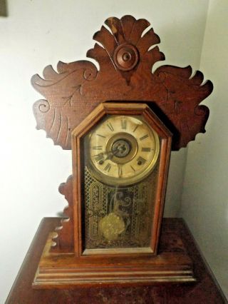 Antique E.  Ingraham Oak Kitchen Parlor Gingerbread Table Clock Restor