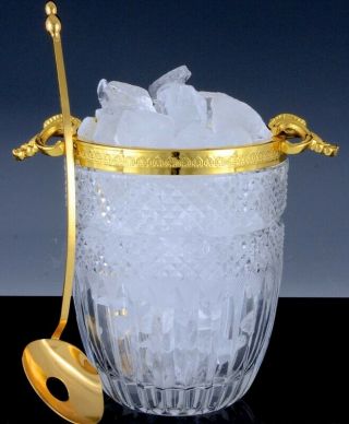 Gorgeous Vintage Gold Gilt & Echt German Cut Crystal Glass Ice Bucket W Spoon