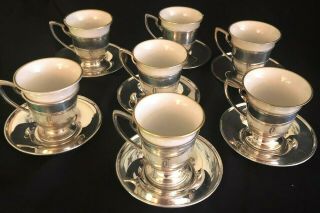 Set Of 7 Vintage Sterling Silver Demitasse Cups With Lenox Gold Rim Inserts