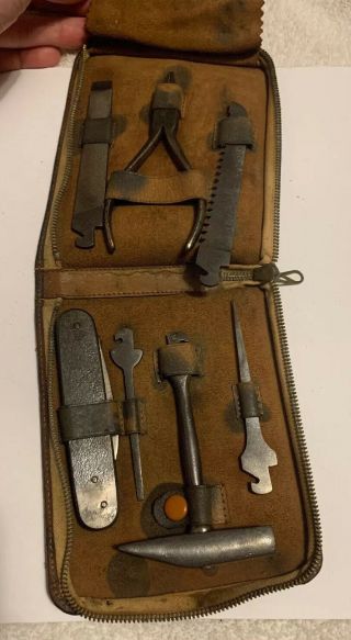 Antique Vintage Multi - Tool Set Leather Case Knife Hammer Saw Pick Pliers File