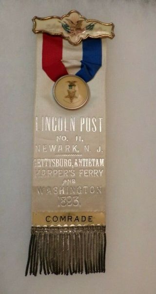 Gar Lincoln Post No 11 Civil War Veteran Ribbon Badge Newark Jersey 1893