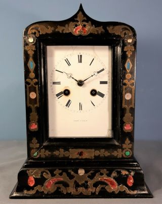 Antique French - Laine A Paris - Ebonised Boulle & Red Shell Inlaid Mantel Clock